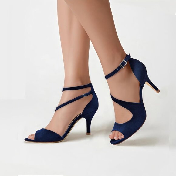 Elegantpark Women Blue Satin Cross Strappy Peep Toe High Heels Sandals Shoes - Picture 4 of 9